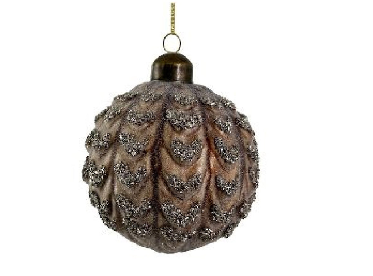 Glass cone ball sugared brown w/silver glass glitter
