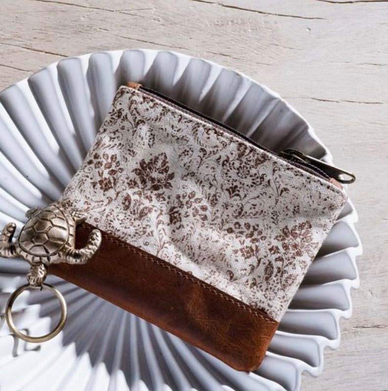 BROWN FLEUR CANVAS ZIP POUCH