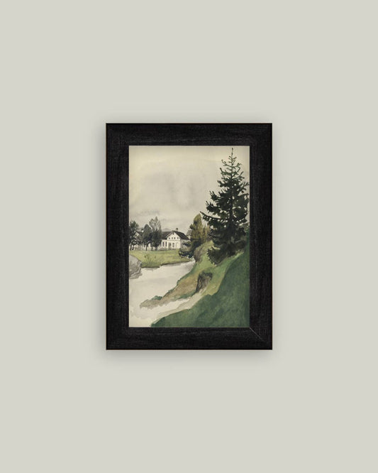Muted Watercolor Lakeside Framed Antique Art: 4x6