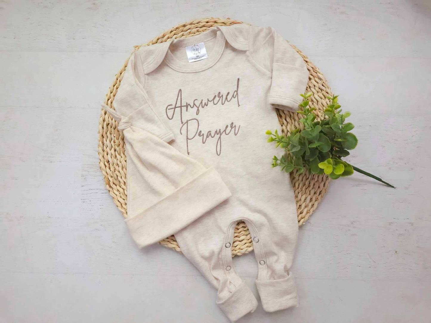 Baby Romper | Answered Prayers Oatmeal: Newborn / Romper and Knotted Hat