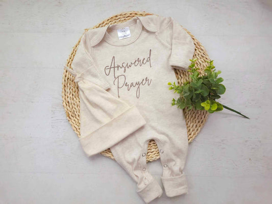 Baby Romper | Answered Prayers Oatmeal: Newborn / Romper and Knotted Hat