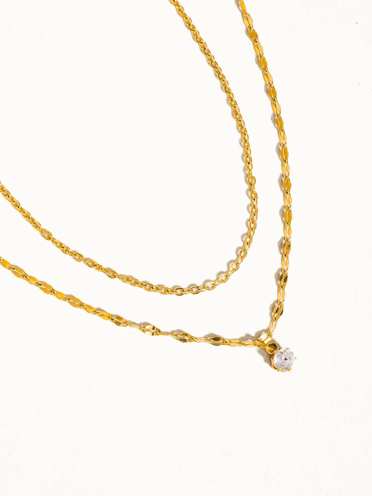 Cerise 18K Gold Non-Tarnish CZ Stone Stacked Necklace: Yellow Gold