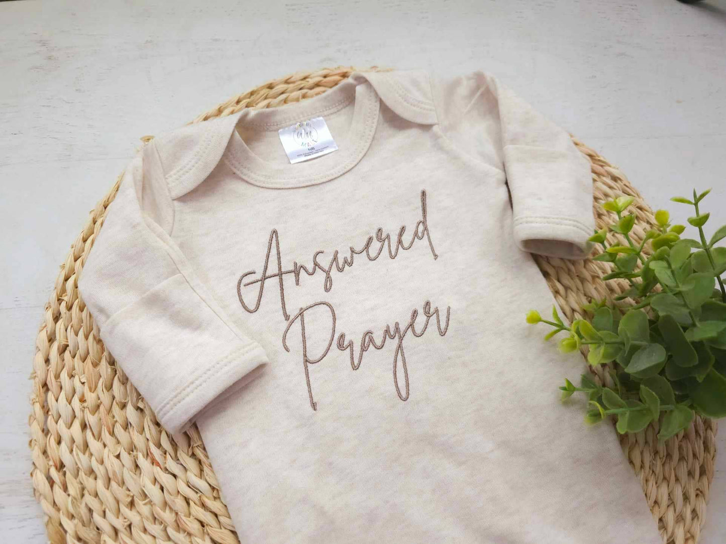 Baby Romper | Answered Prayers Oatmeal: Newborn / Romper and Knotted Hat