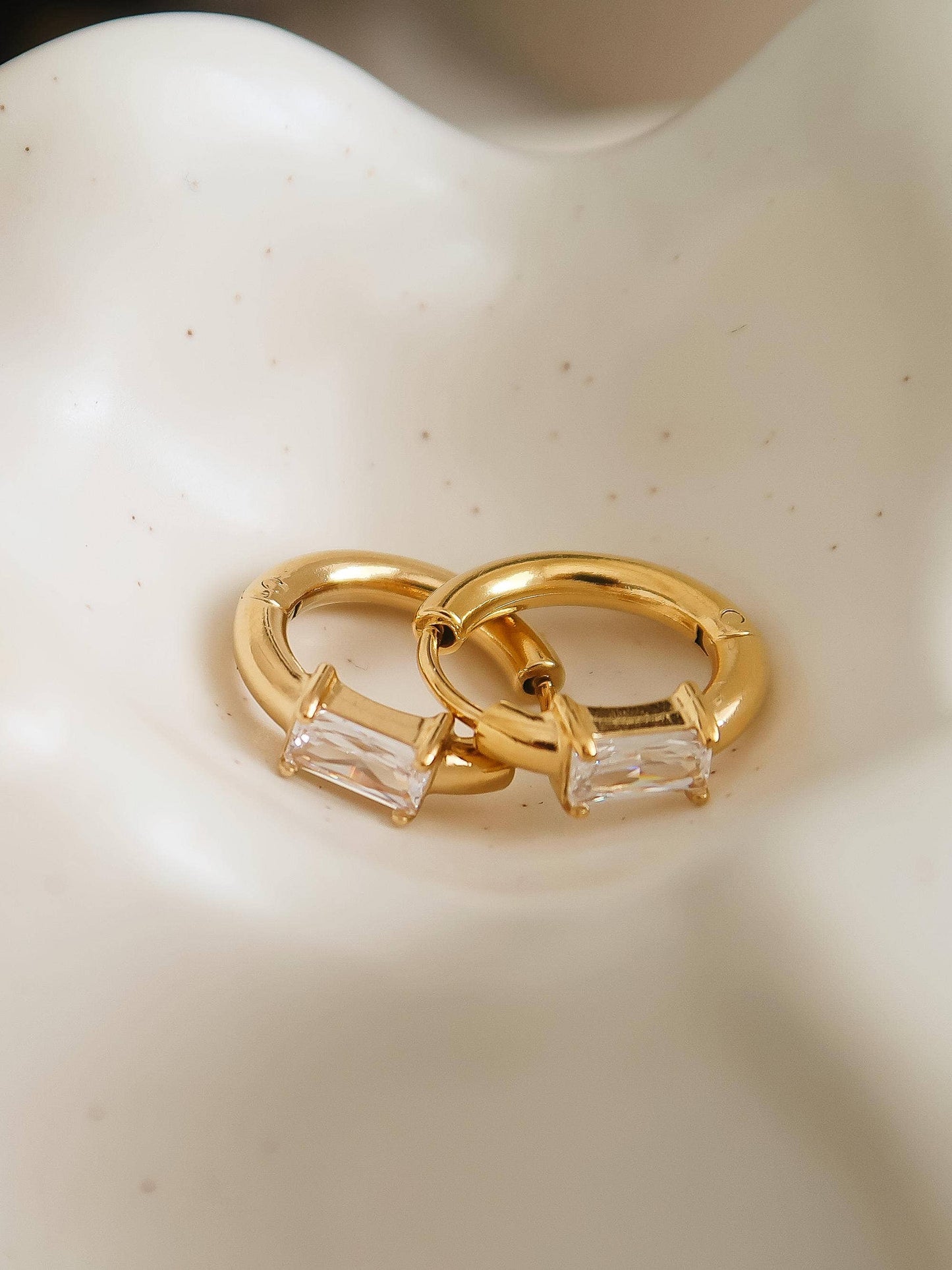 Adhara 18K Gold Non-Tarnish CZ Huggie Earrings: Yellow Gold / Rectangle