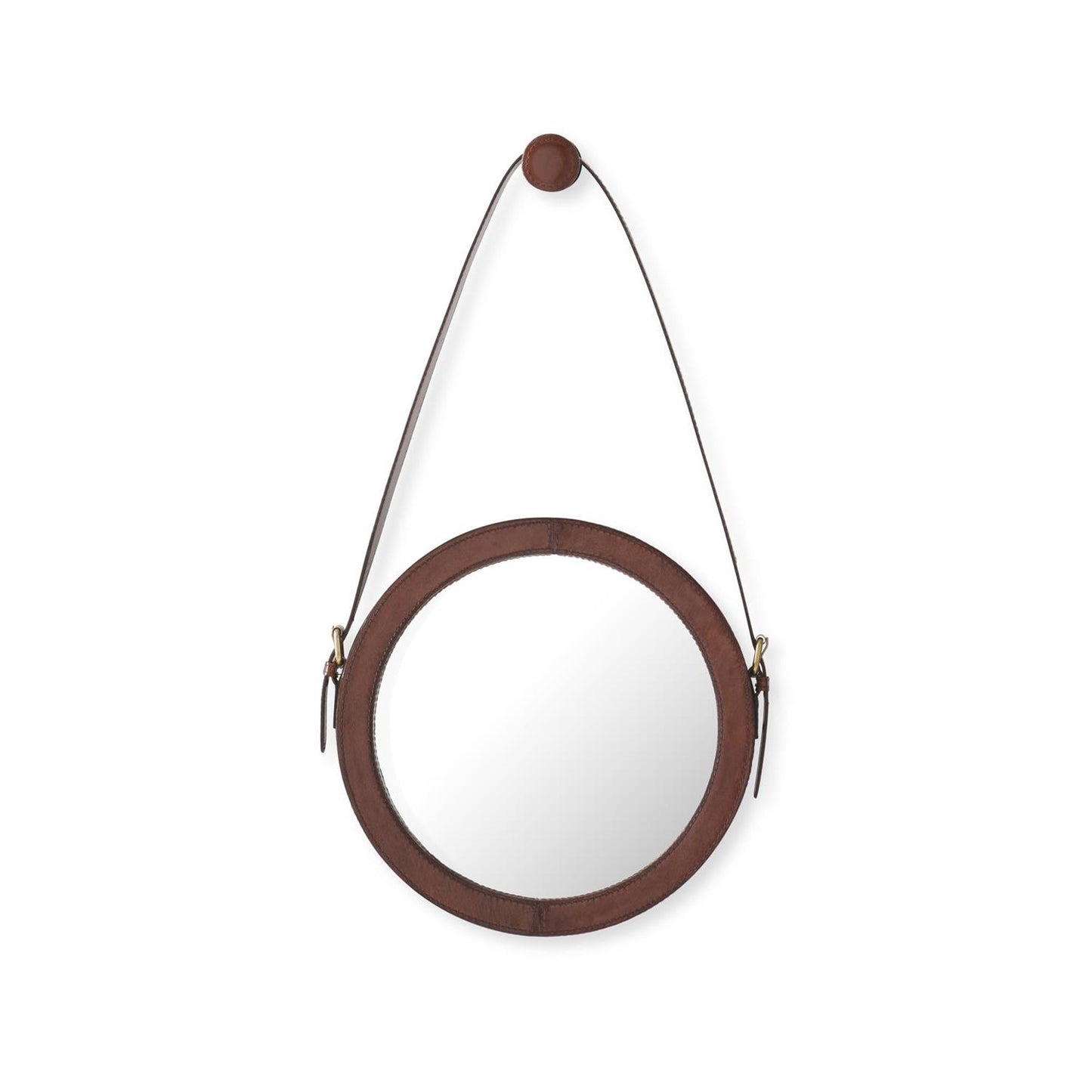 LEATHER FRAMED STRAP HUNG ROUND WALL MIRROR
