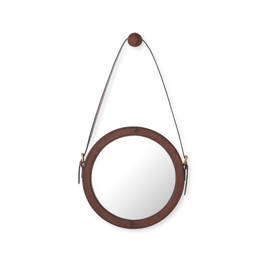 LEATHER FRAMED STRAP HUNG ROUND WALL MIRROR