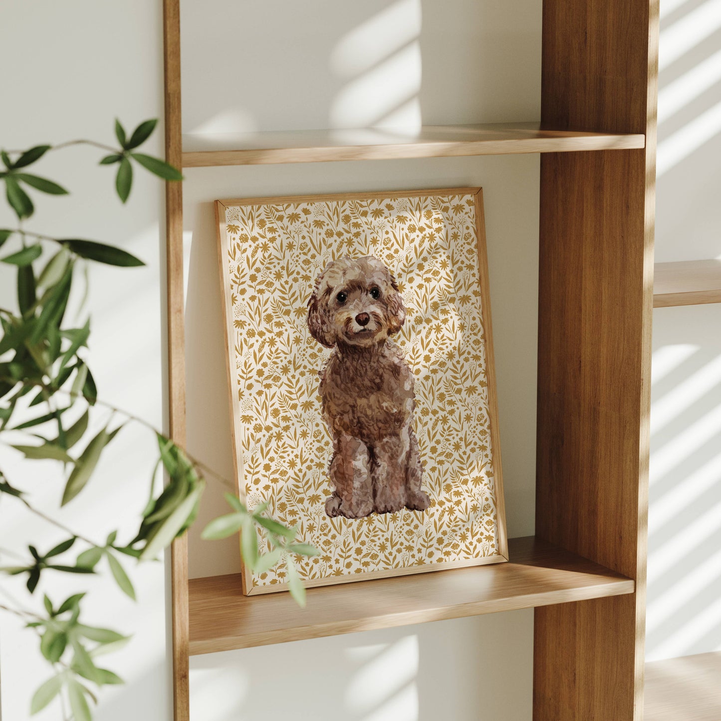 Cockapoo Print with Tan Floral Background: 5" x 7" (vertical)