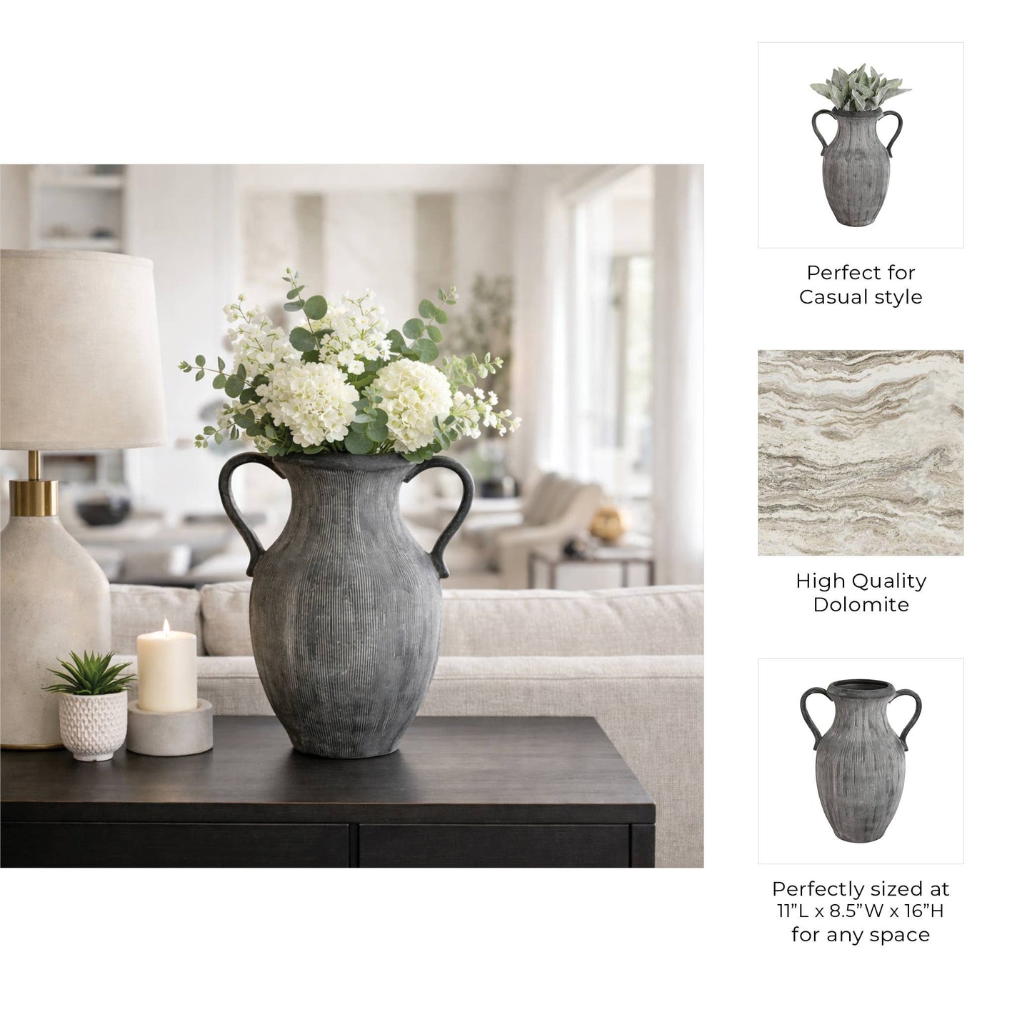 Black 15 in. Dolomite Amphora Weathered Vase