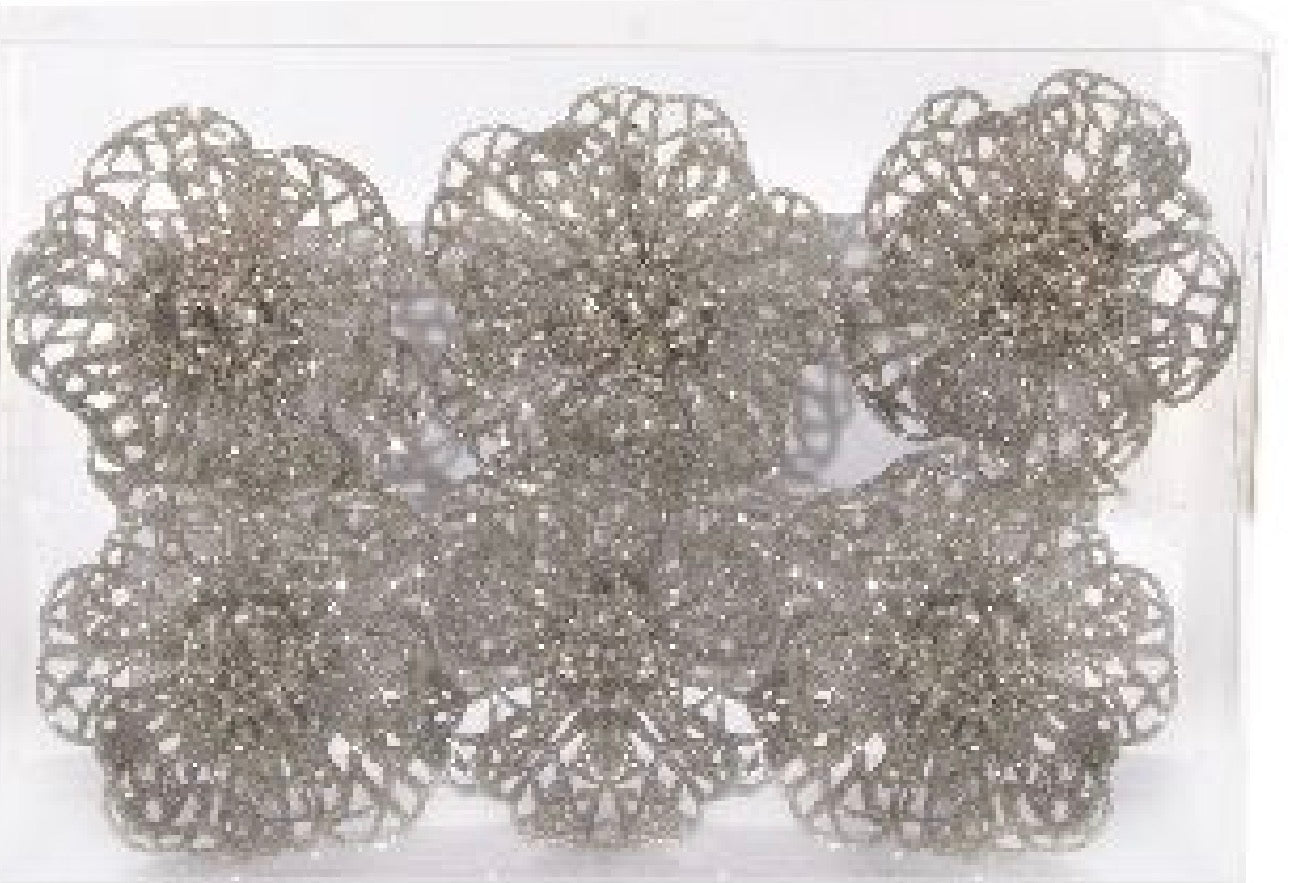 Glitter flower on clip silver 6pcs set