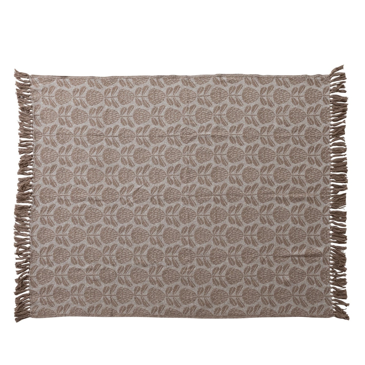 Woven Recycled Cotton Blend Jacquard Throw with Floral Pattern & Fringe