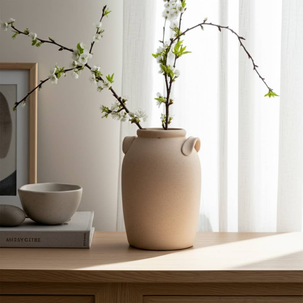Ceramic Textured Vase with Handles - Ivory, 8 in.
