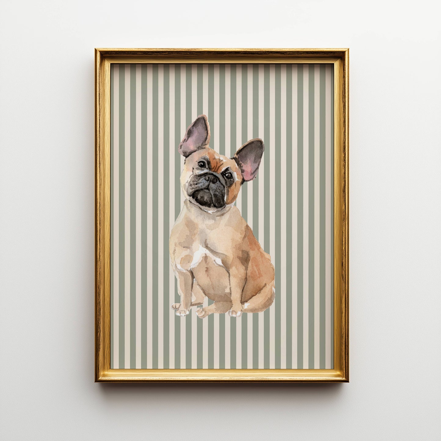 French Bulldog Print with Sage Green Stripe Background: 5" x 7" (vertical)