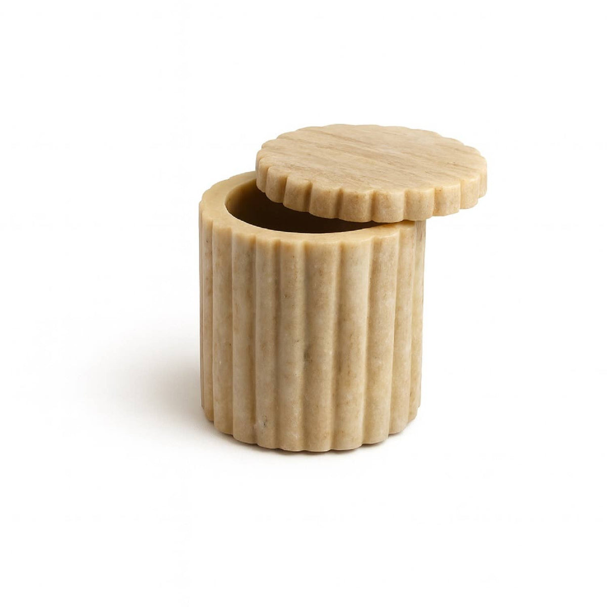 Med. Beige Marble Canister w/ Grooving 4"H: Beige / Marble