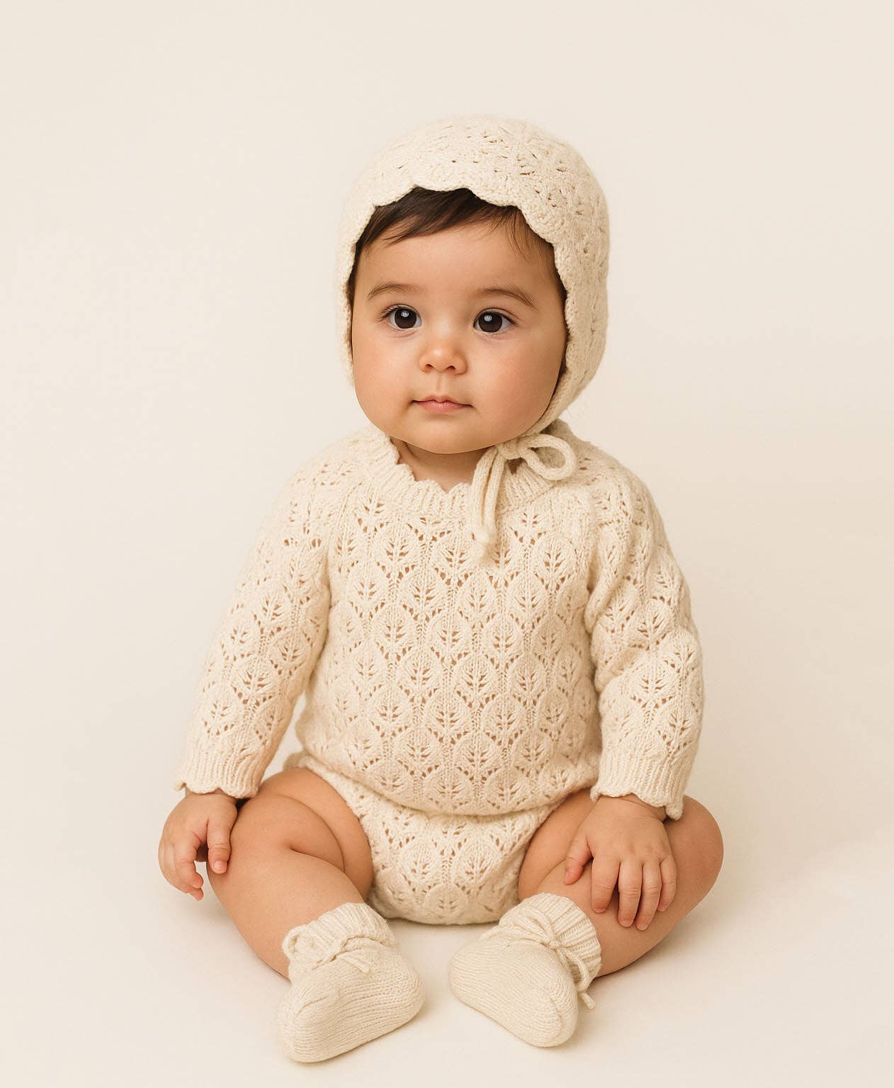 Light Cream Lacy Romper: 3pc set (romper +booties + bonnet) / Newborn (NB)