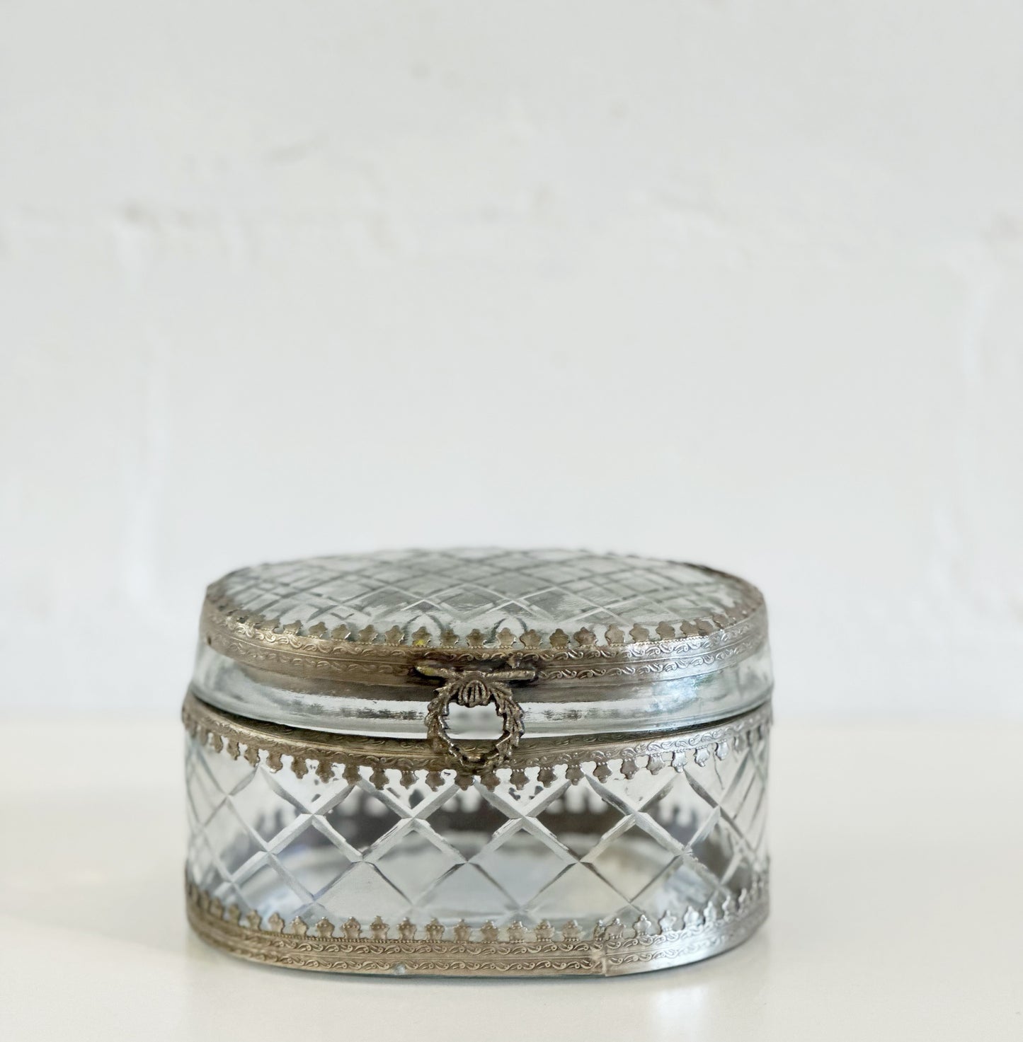 Oval Silver & Glass Etched Jewelry Box