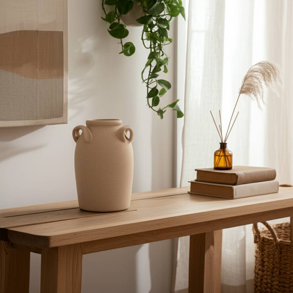 Ceramic Textured Vase with Handles - Ivory, 8 in.