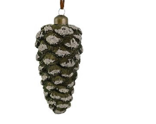 Glass Pinecone Green Velvet w/Silver Beads Ornament