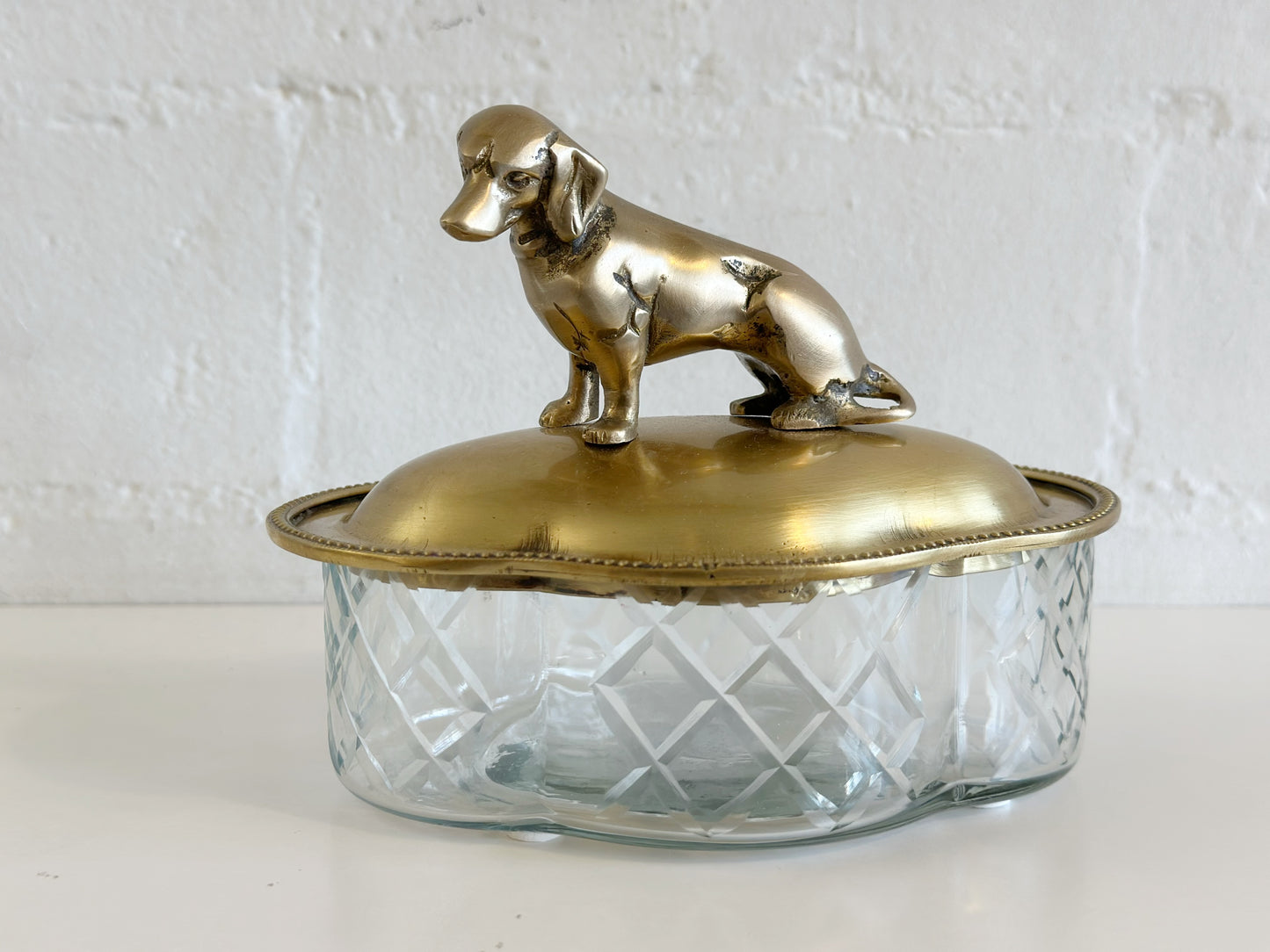 Antique Style Brass Dog Etched Glass Dish