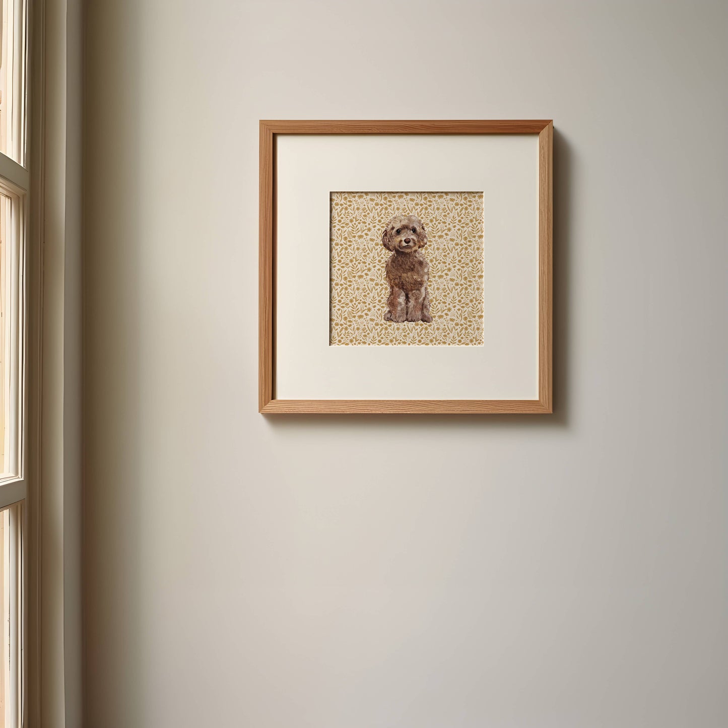 Cockapoo Print with Tan Floral Background: 5" x 7" (vertical)
