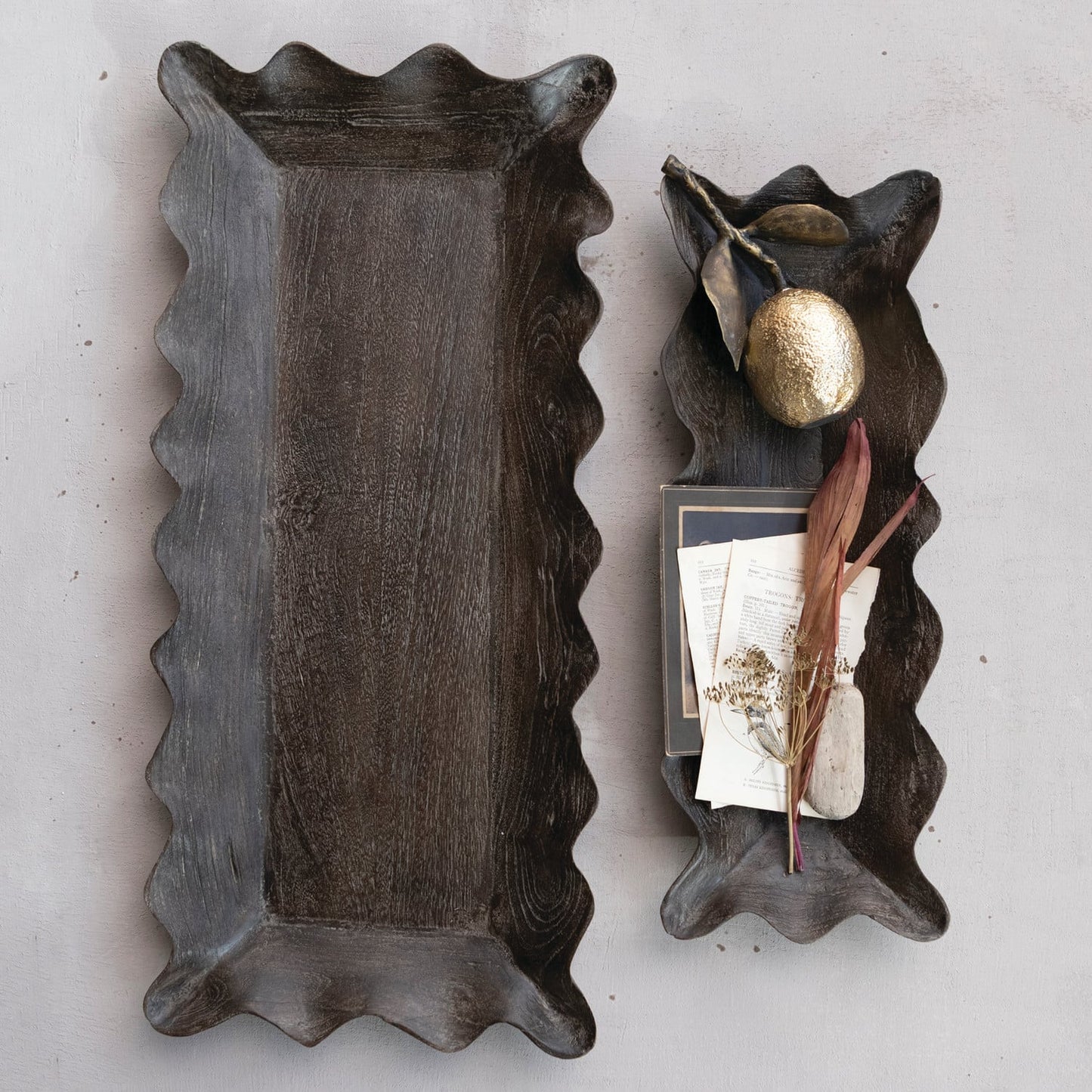 Mango Wood Scalloped Trays, Distressed Black, Set of 2