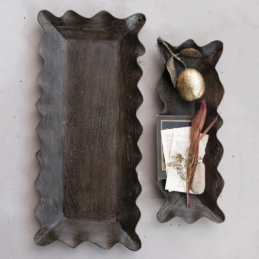 Mango Wood Scalloped Trays, Distressed Black, Set of 2