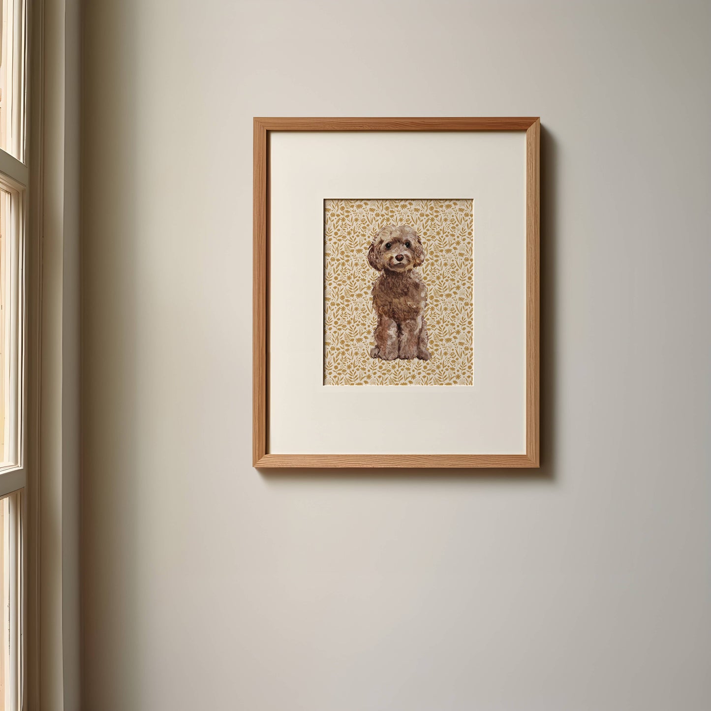 Cockapoo Print with Tan Floral Background: 5" x 7" (vertical)