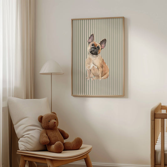 French Bulldog Print with Sage Green Stripe Background: 5" x 7" (vertical)
