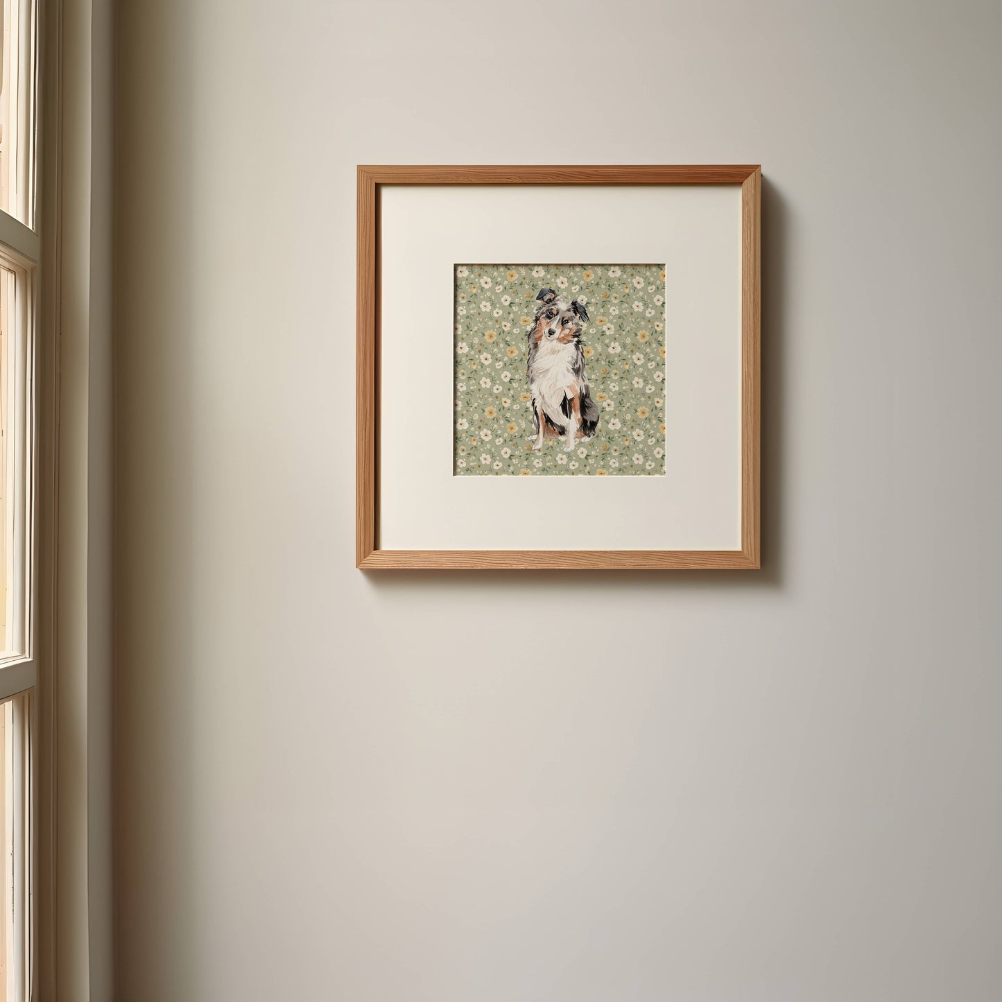 Australian Shepherd Print with Sage Floral Background: 5" x 7" (vertical)