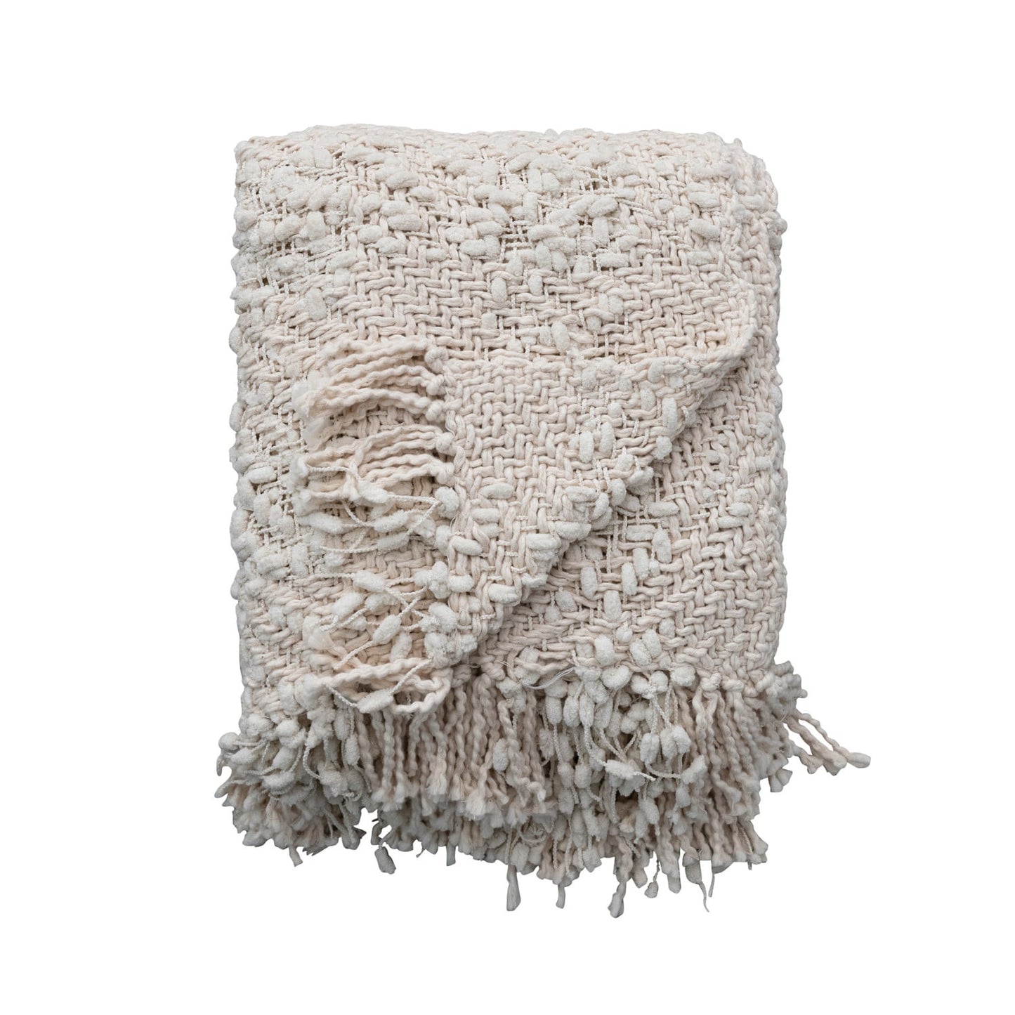 Woven Cotton Blend Cable Knit Throw w/ Fringe, Natural