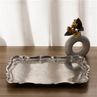 CAST ALUMINUM RECTANGULAR BAROQUE TRAY, RAW NICKEL