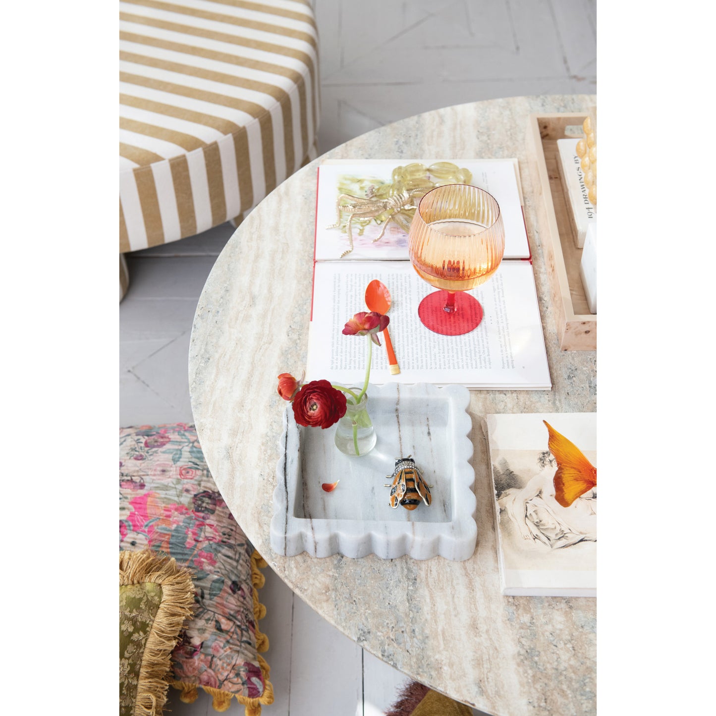 Marble Scalloped Tray, Grey Melange (Each One Will Vary)