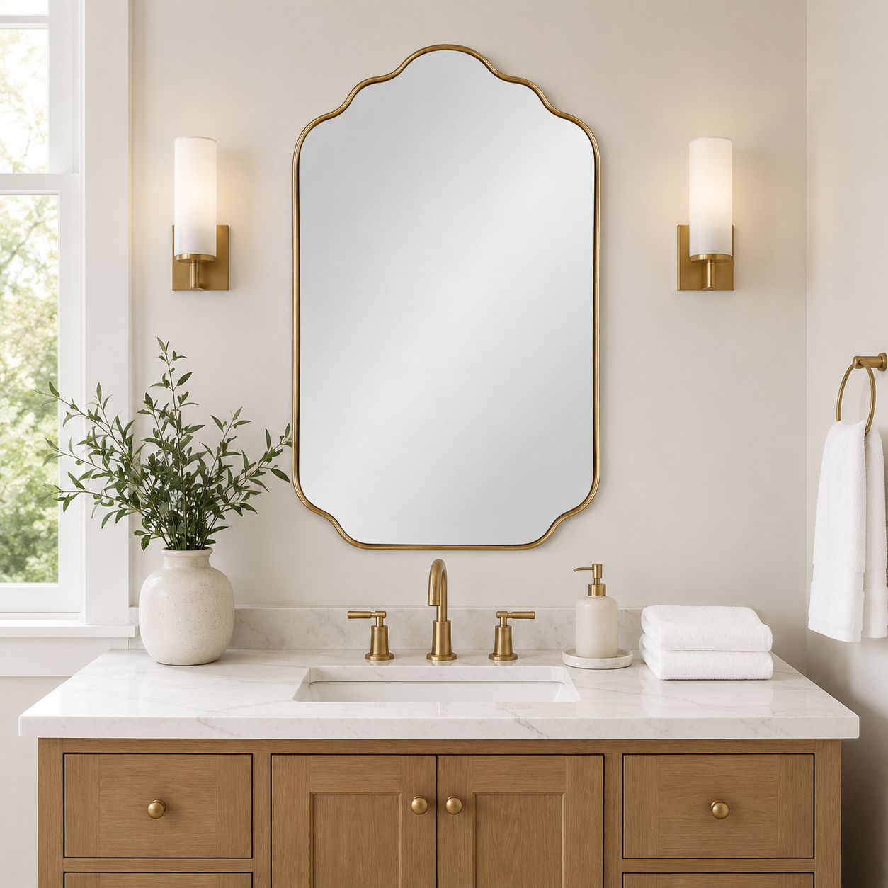 Handmade Antique Brass Scalloped Wall Mirror | Moroccan Brass Vanity Mirror: 27.5" H × 17.7" W