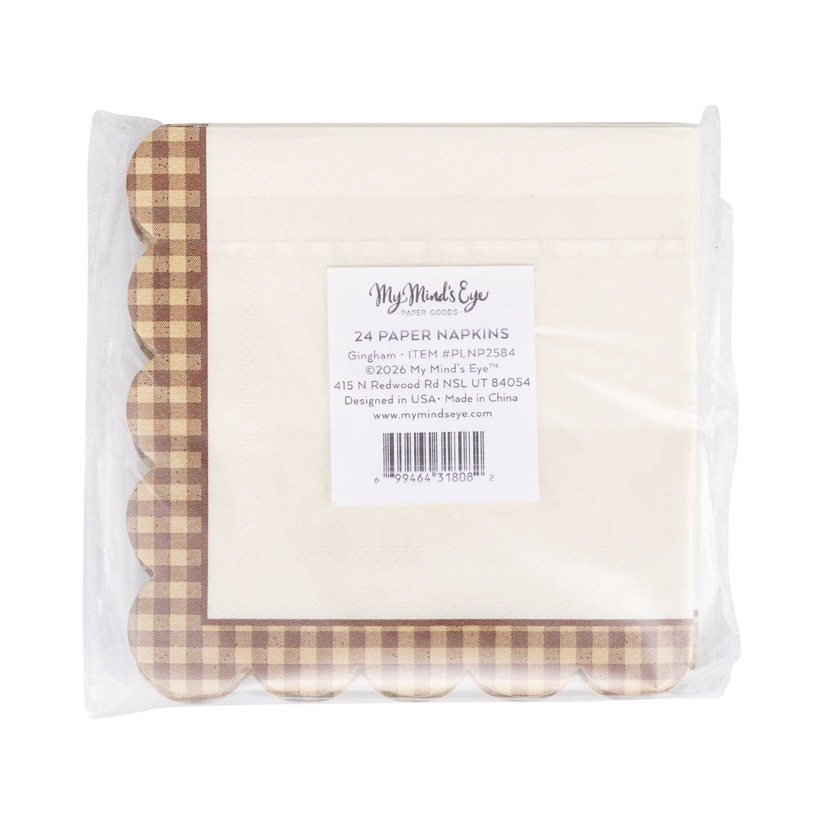 PLNP2584 - Brown Gingham Edge Cocktail Napkin (24ct)