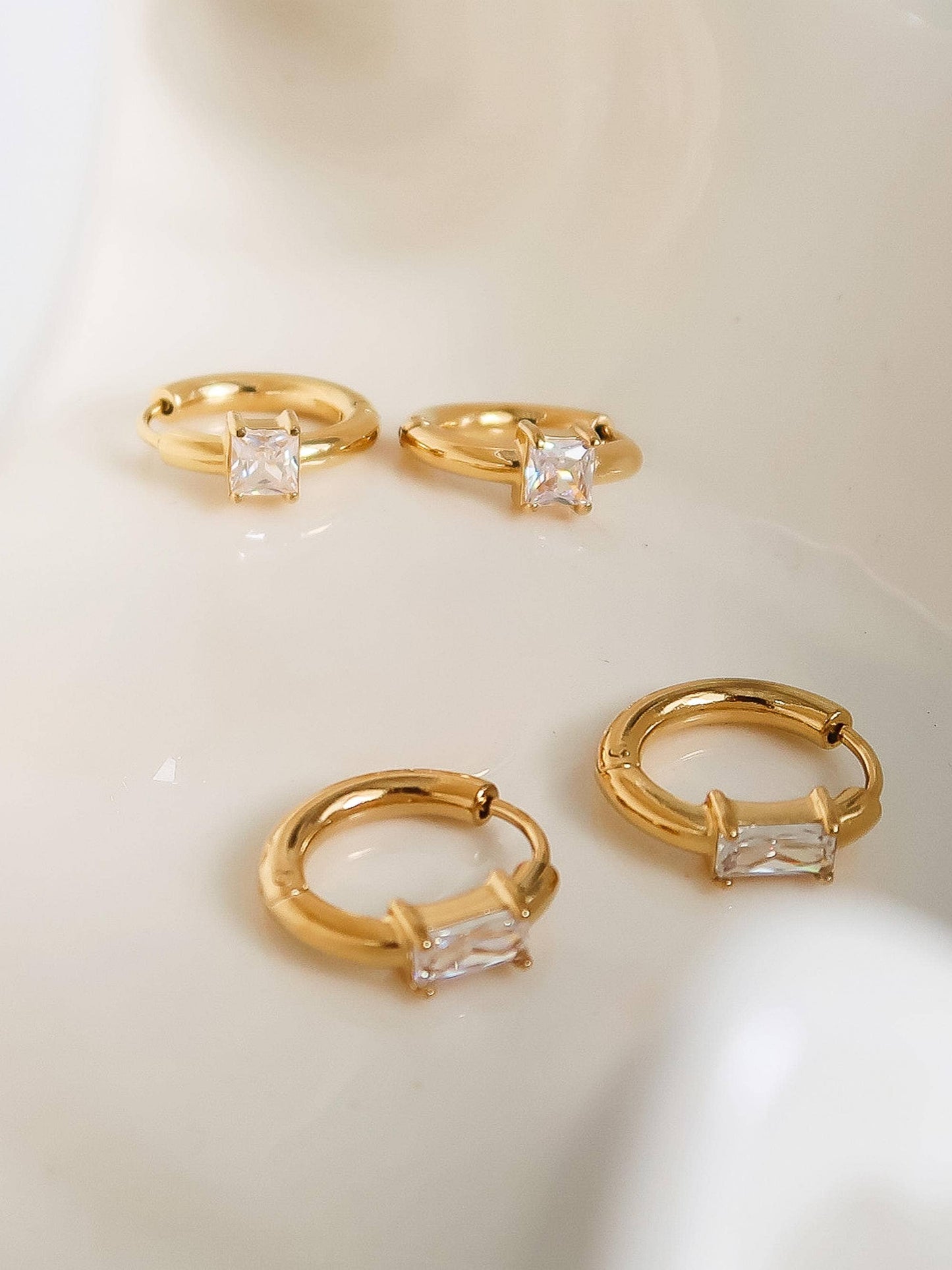 Adhara 18K Gold Non-Tarnish CZ Huggie Earrings: Yellow Gold / Rectangle
