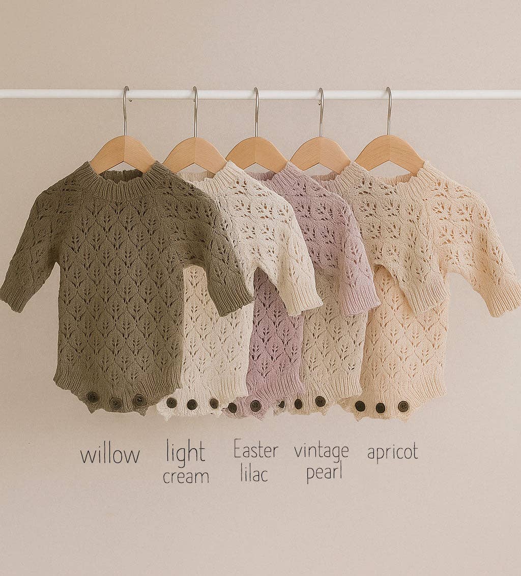 Willow Lacy Romper: 3pc set (romper +booties + bonnet) / Newborn (NB)