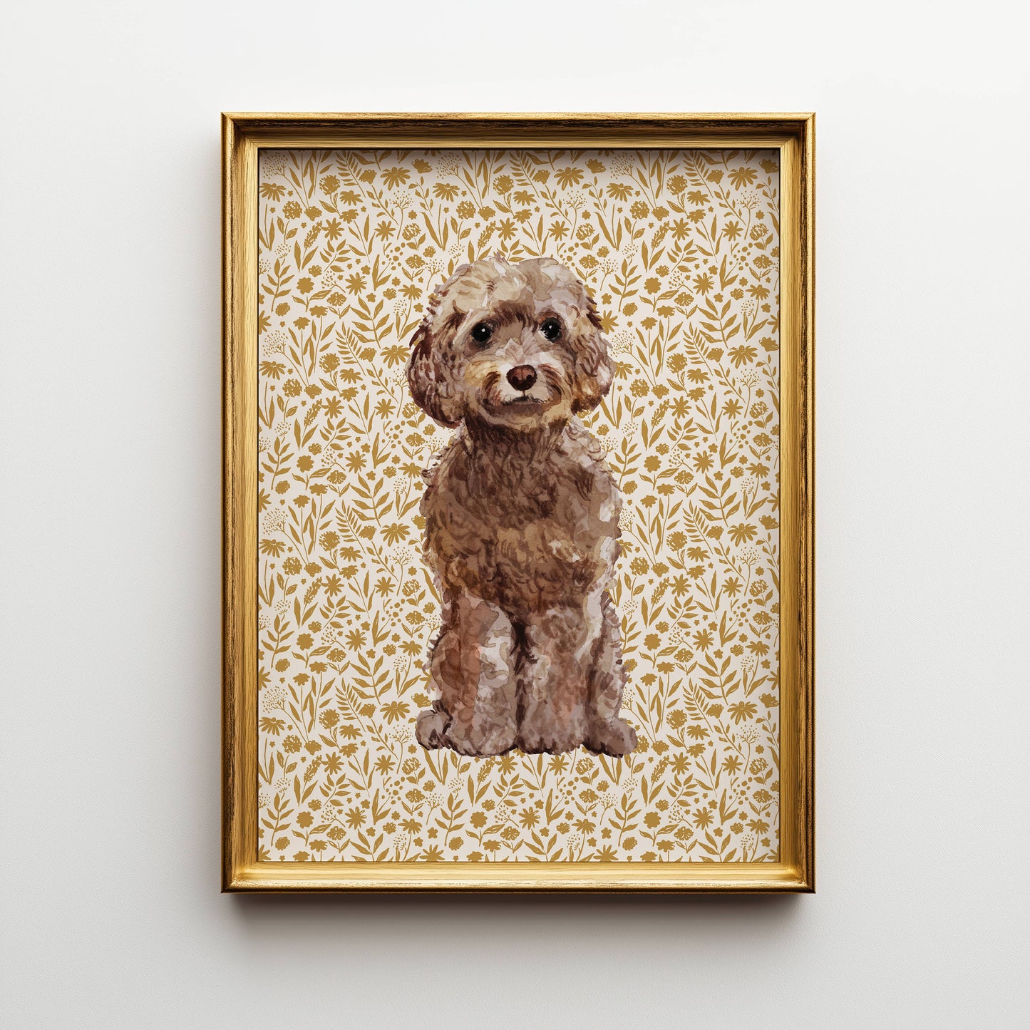 Cockapoo Print with Tan Floral Background: 5" x 7" (vertical)