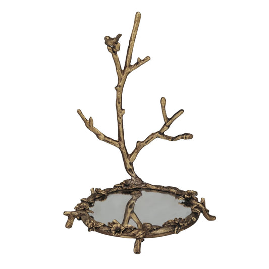 Pewter Jewelry Holder w/ Mirror & Bird on Branch, Antique Gold Finish