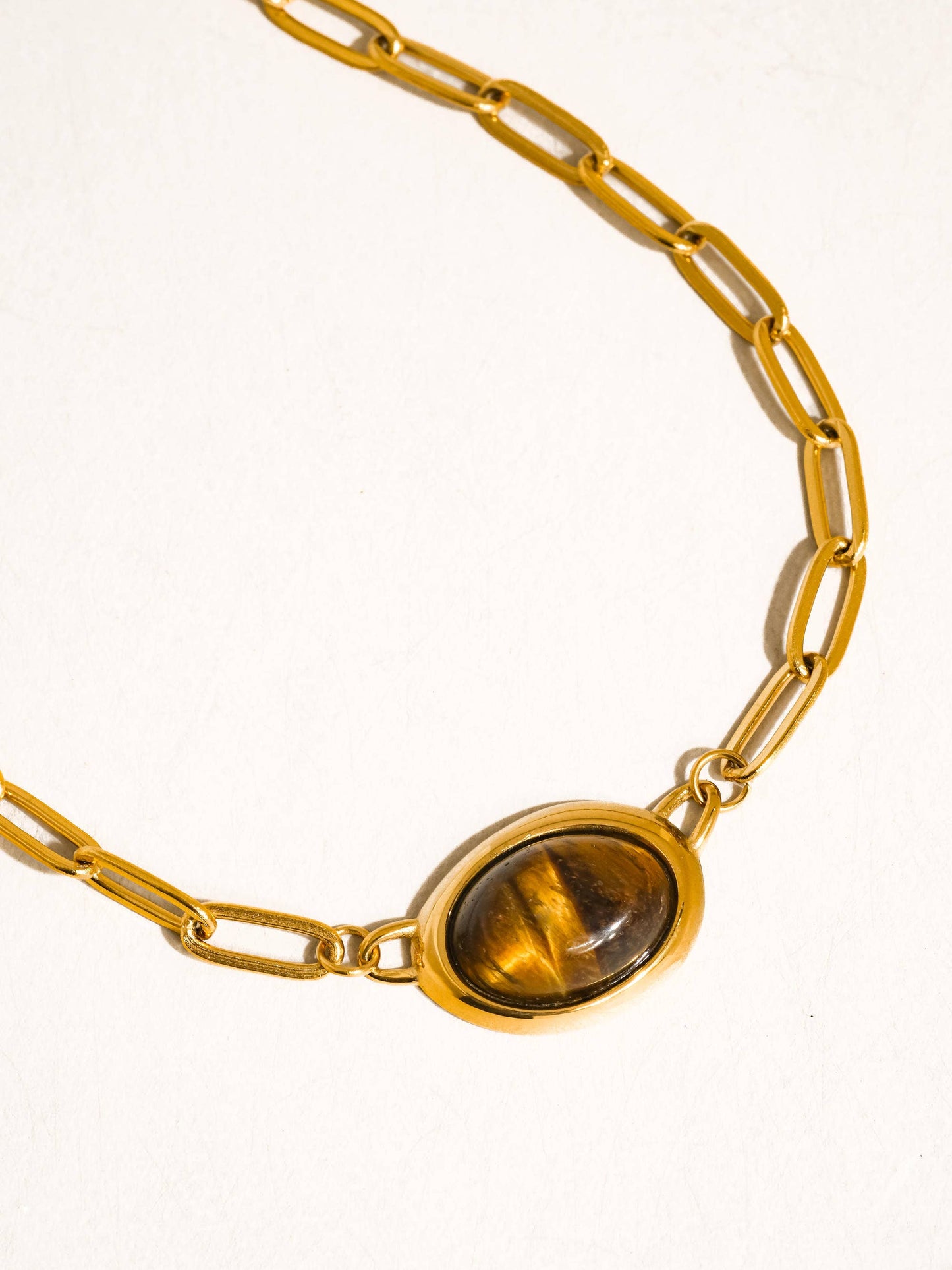Shay 18K Gold Non-Tarnish Oval Stone Chain Necklace: Brown