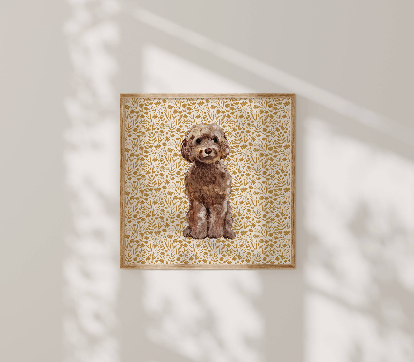 Cockapoo Print with Tan Floral Background: 5" x 7" (vertical)