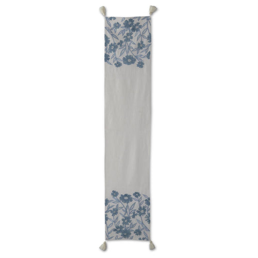 72 INCH WHITE LINEN & BLUE EMBROIDERED FLORAL TABLE RUNNER