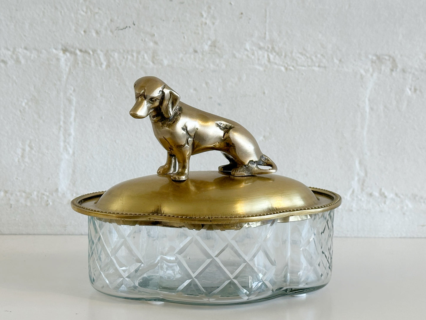 Antique Style Brass Dog Etched Glass Dish