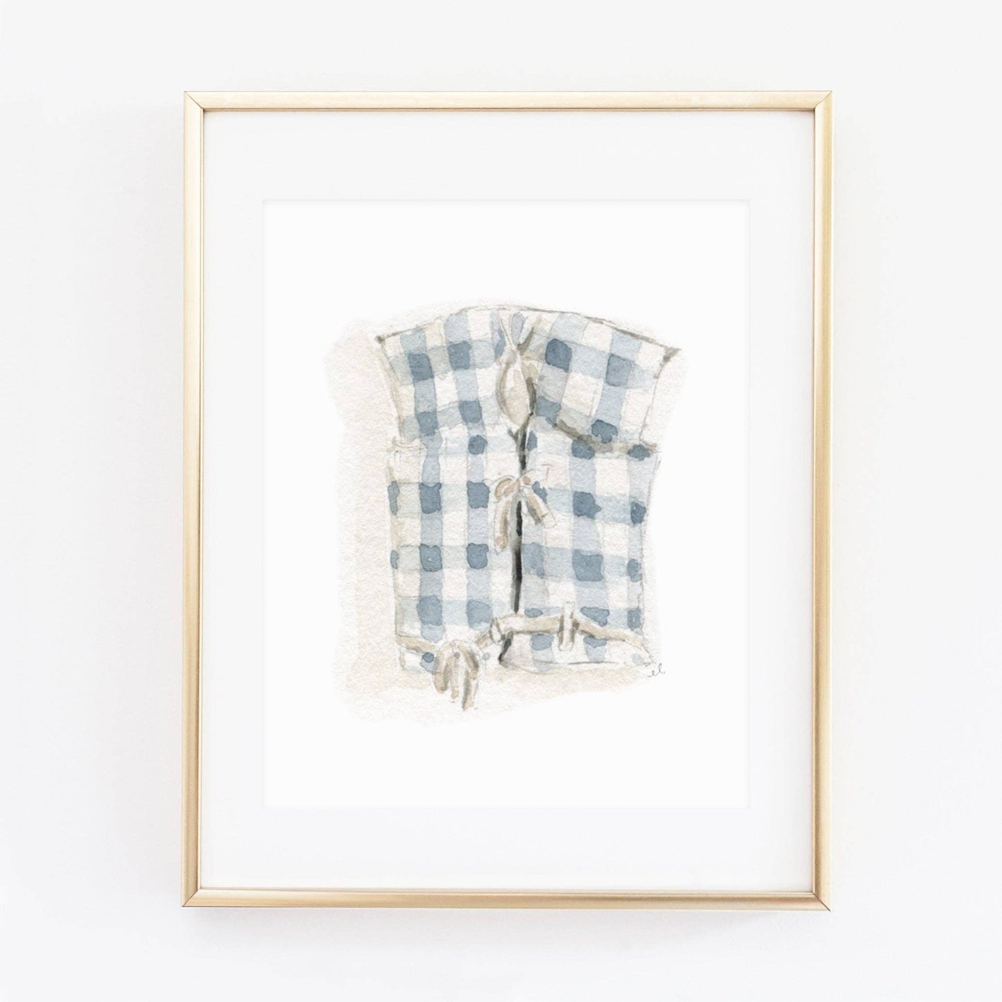 Blue gingham boat coat art print: 8x10