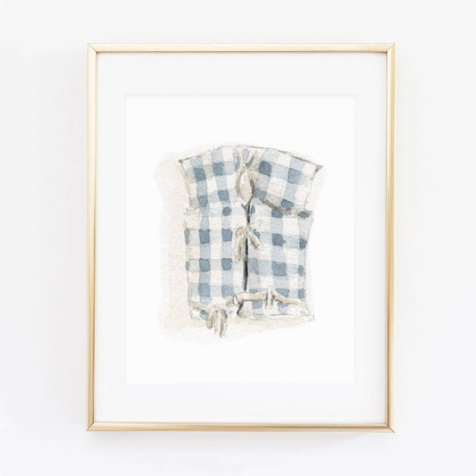 Blue gingham boat coat art print: 8x10