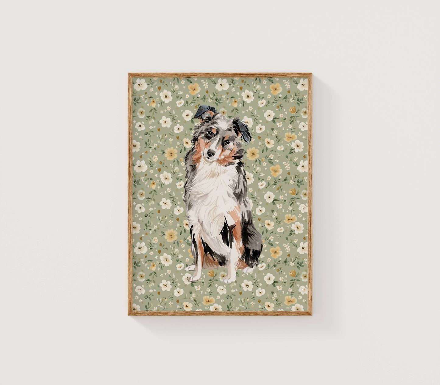Australian Shepherd Print with Sage Floral Background: 5" x 7" (vertical)