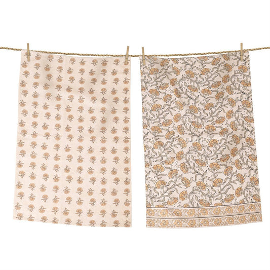 Tea Towels - Block Print, Mustard Floral -Set of 2