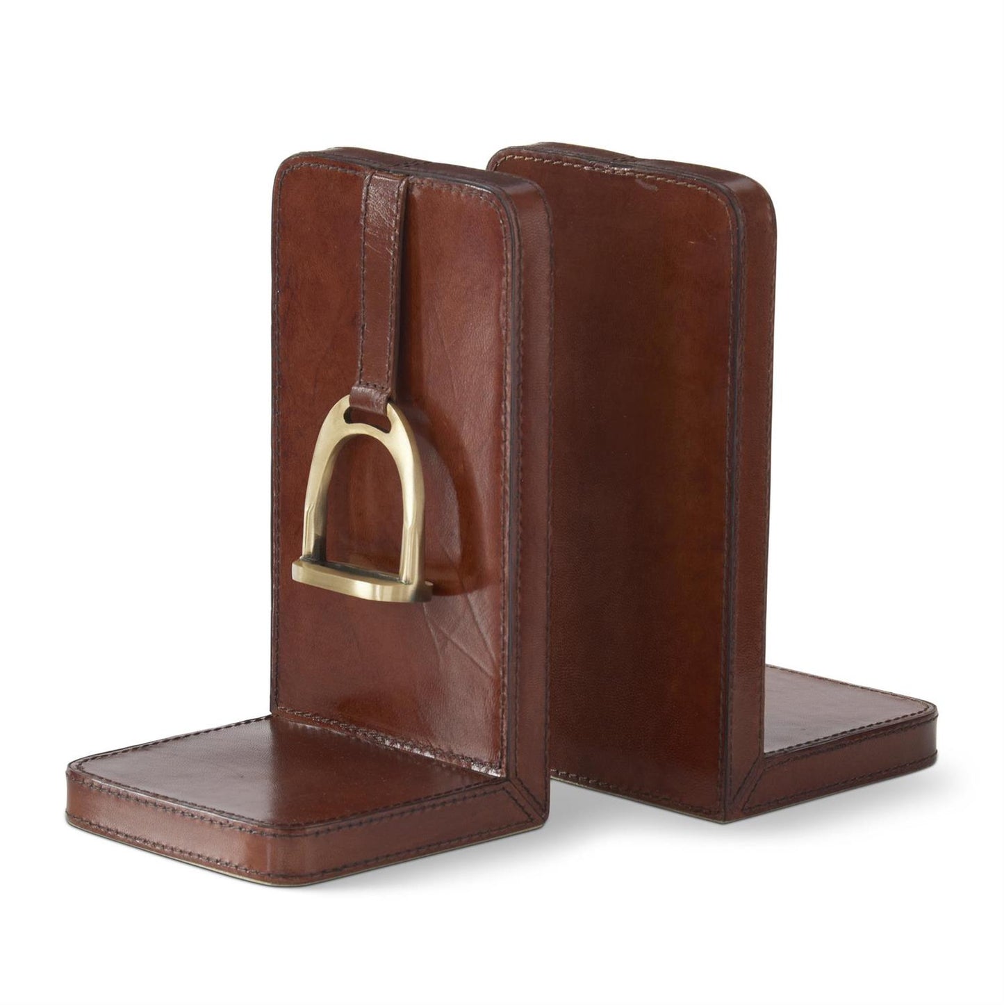 SET OF 2 BROWN LEATHER STIRRUP DETAIL BOOKENDS