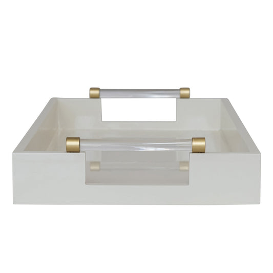 Lacquered Tray w/ Acrylic & Metal Handles, Gold Finish & Cream Color
