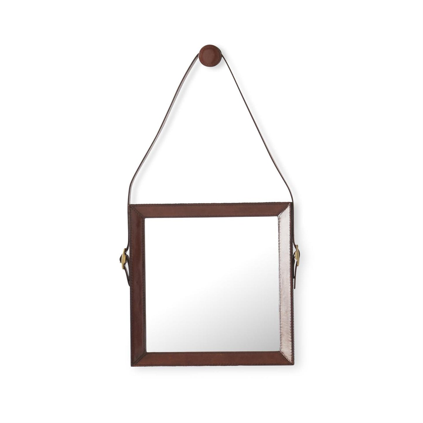 LEATHER FRAMED STRAP HUNG SQUARE WALL MIRROR