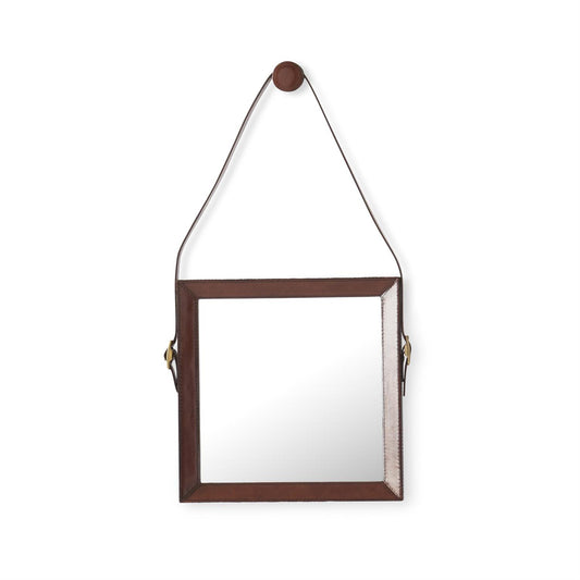 LEATHER FRAMED STRAP HUNG SQUARE WALL MIRROR