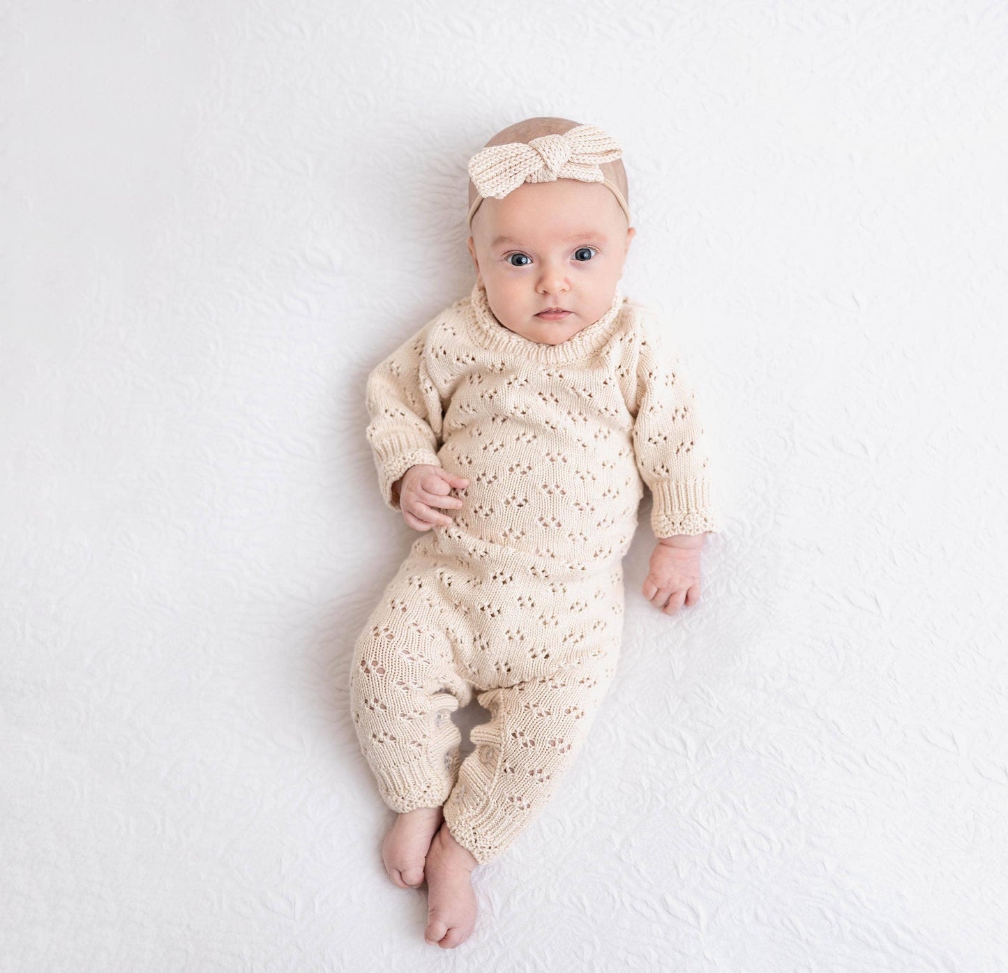 Grace Jumpsuit 3pc: APRICOT w/Bow & Bonnet/ 0-3 months
